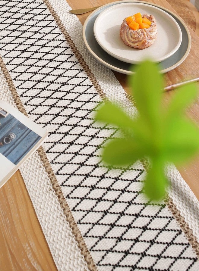 Jeloris Boho Burlap Macrame Table Runner, Farmhouse Style Cotton Linen Rustic Woven Table Runner with Tassels for Dining, Wedding, Bridal Shower, Bohemian (12x108 inch, Black Grid) - Image 3