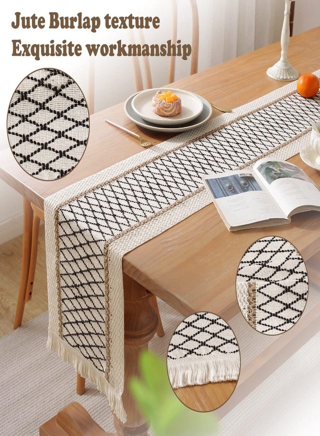 Jeloris Boho Burlap Macrame Table Runner, Farmhouse Style Cotton Linen Rustic Woven Table Runner with Tassels for Dining, Wedding, Bridal Shower, Bohemian (12x108 inch, Black Grid) - Image 4