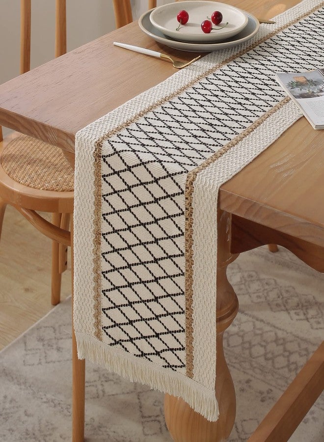 Jeloris Boho Burlap Macrame Table Runner, Farmhouse Style Cotton Linen Rustic Woven Table Runner with Tassels for Dining, Wedding, Bridal Shower, Bohemian (12x108 inch, Black Grid) - Image 1