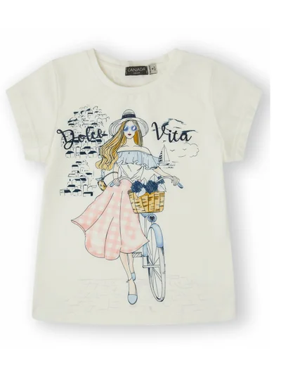 CANADA HOUSE Soft and Comfortable Dolce Vita White 100% Organic Cotton T-shirt with Short Sleeves and Round Neckline for Girls