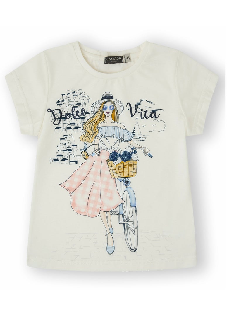 CANADA HOUSE Soft and Comfortable Dolce Vita White 100% Organic Cotton T-shirt with Short Sleeves and Round Neckline for Girls  - Image 1