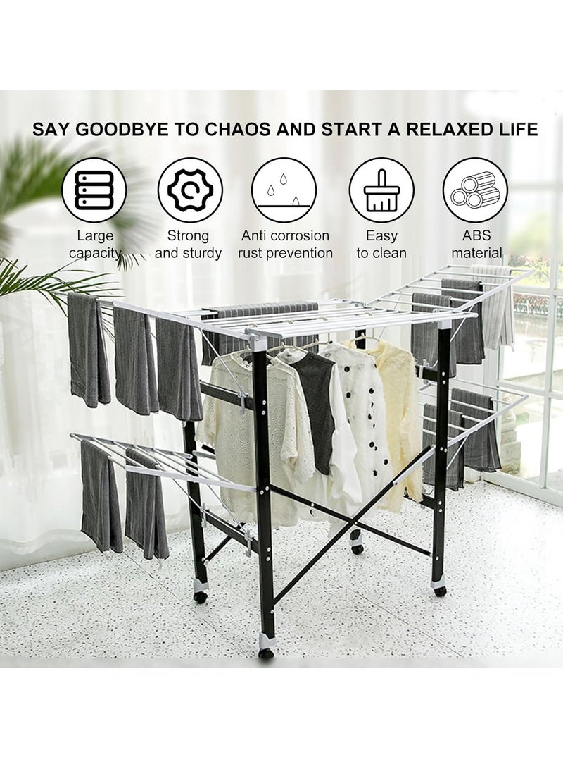 Drying Rack, 2-Level Stainless Steel Folding Clothes Dryer Rack, Heavy Duty Floor Clothes Rack with Wheels, Laundry Rack for Indoor/Outdoor  - Image 3