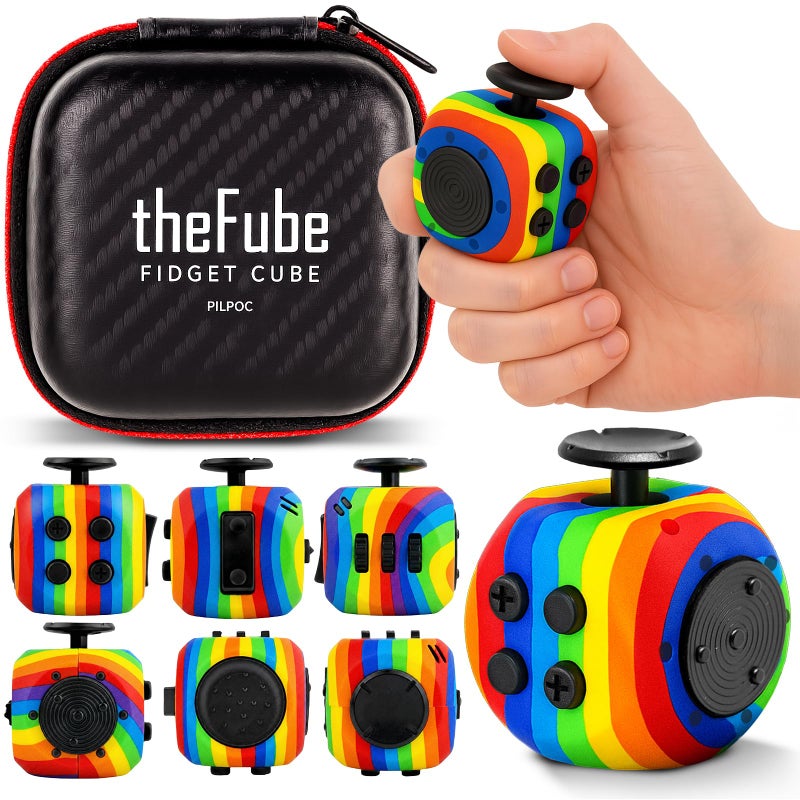 PILPOC theFube Fidget Cube 6Sided Stress Relief Focus Toy for Adults Kids Boosts Concentration Mindfulness Aid Silent Audible Modes Includes Carry Case for Portability Rainbow - Image 2