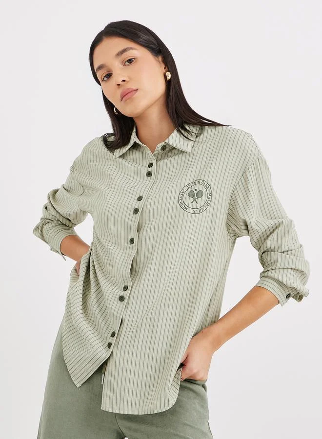 ستايلي Styli Green Striped Double Button Oversized Shirt
