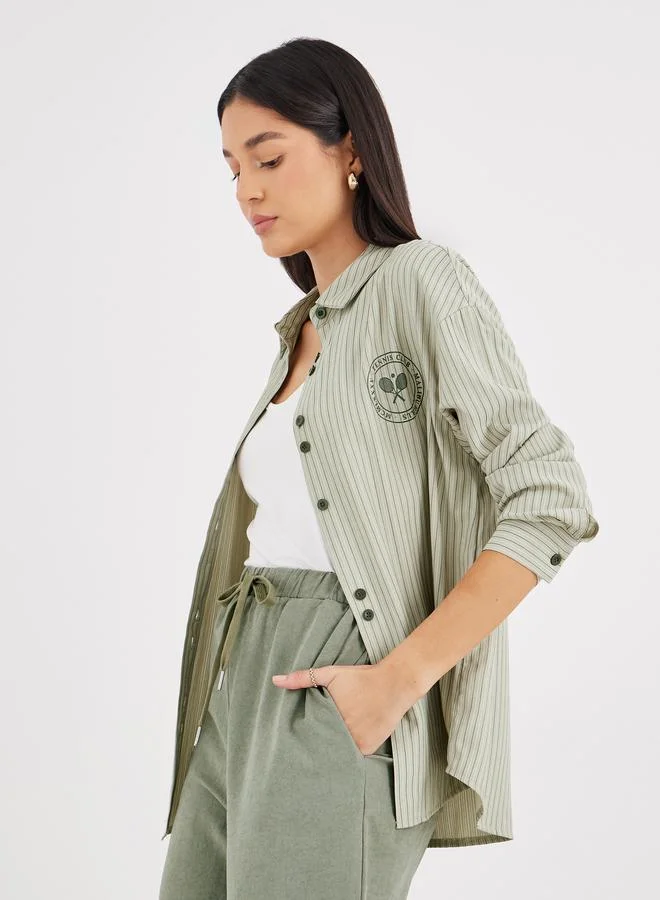 Styli Styli Green Striped Double Button Oversized Shirt