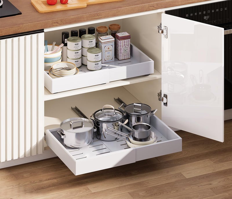 QUYUWU Pull out Cabinet Organizer,Extendable (12"-20") Heavy-Duty Pull-Out Drawers â€“ Secured with Nano Adhesive Tape, Ideal for Cookware Storage, for Kitchen Base Cabinets (21" Dx12-20" W(2 Pack)) - Image 1
