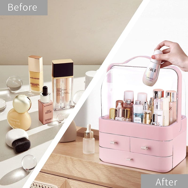TONSYL Makeup Organizer Box | Countertop Cosmetic Organizer for Woman | Transparent Acrylic Cover Fully Open Clear Makeup Organizer Box | 3 Drawers Cosmetic Products - Image 2