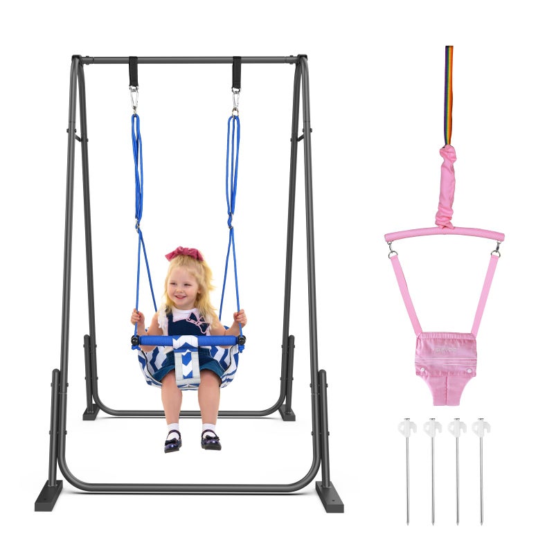 Slevoo 2 in 1 Baby Jumper and Swing, Toddler Swing Set with Foldable Stand, Ages 6 Months to 6 Years, for Indoor and Outdoor Fun, Pink - Image 1