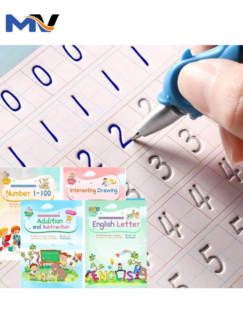 MAGIC VAULT Magic Ink Copybooks for Kids Reusable Handwriting Workbooks for Preschools Grooves Template Design and Handwriting Aid Magic Practice Copybook for Kids The Print Writing (4 Books with Pens)  - Image 1