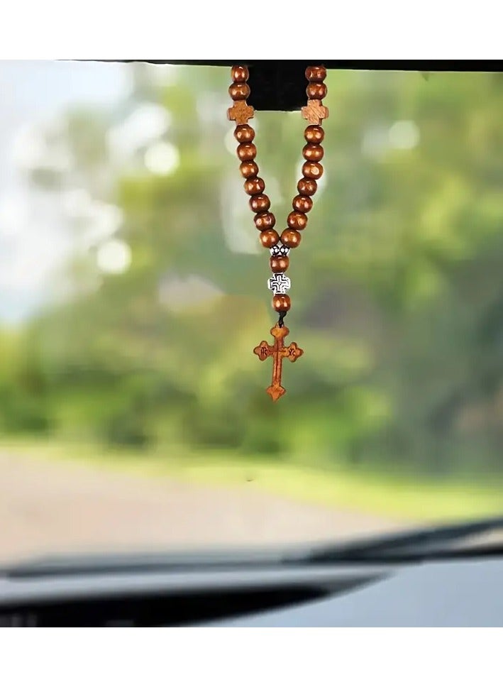 Generic Wooden Bead Rosary Car Mirror Charm with Cross – Rearview Hanging Accessory & Bracelet,  - Image 1
