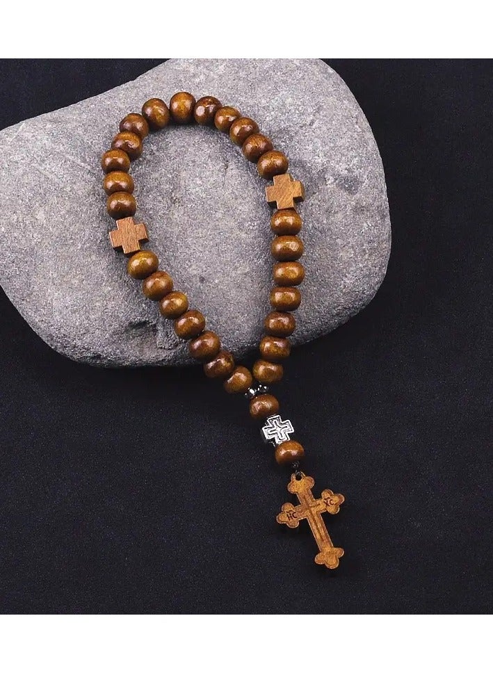 Generic Wooden Bead Rosary Car Mirror Charm with Cross – Rearview Hanging Accessory & Bracelet,  - Image 2