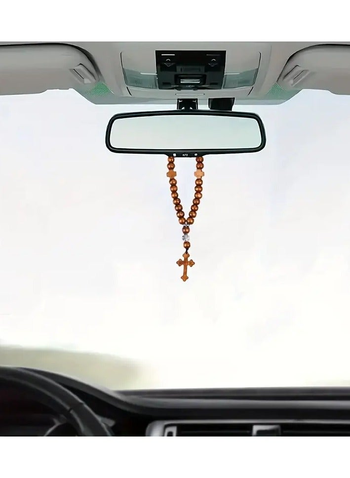 Generic Wooden Bead Rosary Car Mirror Charm with Cross – Rearview Hanging Accessory & Bracelet,  - Image 3