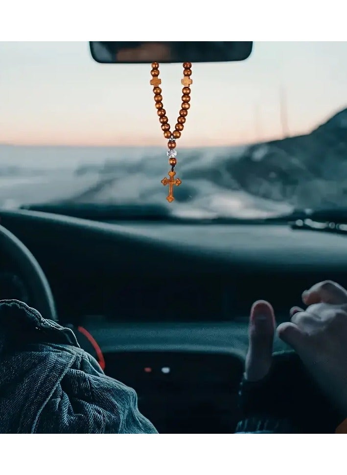 Generic Wooden Bead Rosary Car Mirror Charm with Cross – Rearview Hanging Accessory & Bracelet,  - Image 5