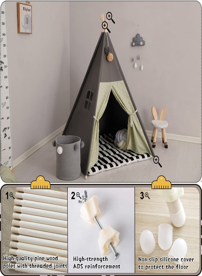 TreeBud Teepee Tent for Kids Stripe Padded Mat Foldable Dark Tone Grey Play Tents for Girl and Boy with Carry Case Wooden Pole Printing Canvas Tepee Playhouse for Child Indoor Outdoor - Image 4