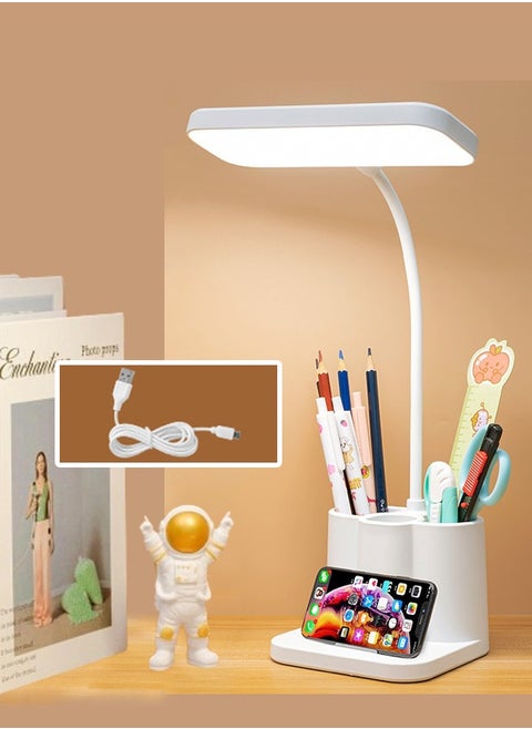 Desk Lamp with Pen/Phone Holder Rechargeable Desk Light with Flexible Gooseneck 3 Color Modes Stepless Dimming Eye Caring Small Study Lamp for Dorm Bedroom