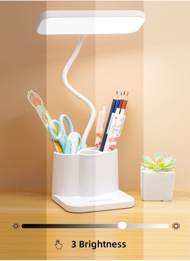 Desk Lamp with Pen/Phone Holder Rechargeable Desk Light with Flexible Gooseneck 3 Color Modes Stepless Dimming Eye Caring Small Study Lamp for Dorm Bedroom