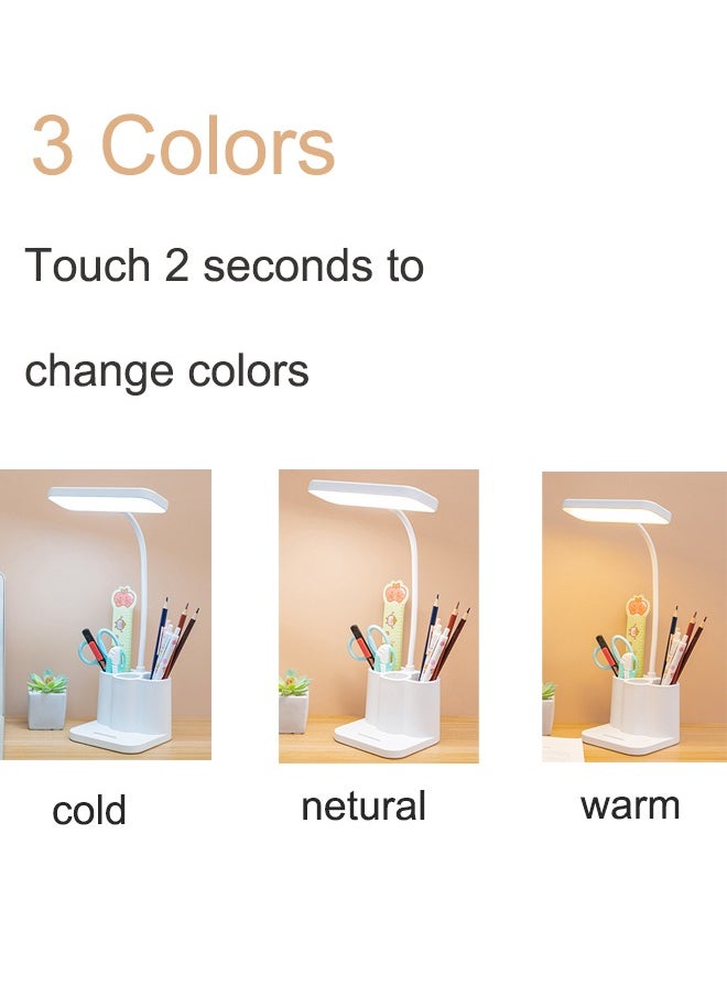 Desk Lamp with Pen/Phone Holder Rechargeable Desk Light with Flexible Gooseneck 3 Color Modes Stepless Dimming Eye Caring Small Study Lamp for Dorm Bedroom