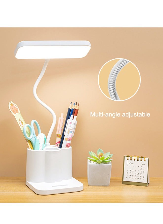 Desk Lamp with Pen/Phone Holder Rechargeable Desk Light with Flexible Gooseneck 3 Color Modes Stepless Dimming Eye Caring Small Study Lamp for Dorm Bedroom