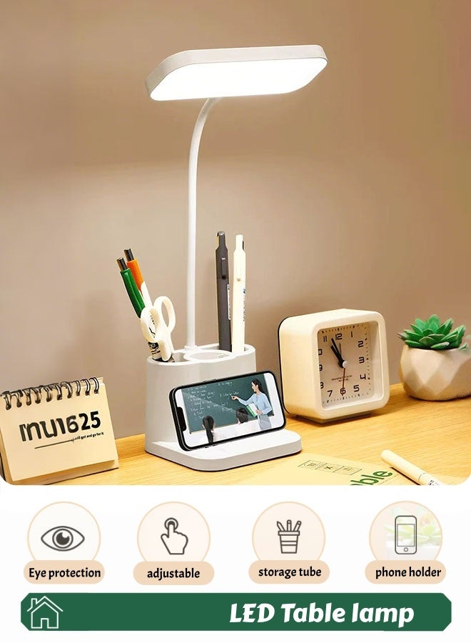 Desk Lamp with Pen/Phone Holder Rechargeable Desk Light with Flexible Gooseneck 3 Color Modes Stepless Dimming Eye Caring Small Study Lamp for Dorm Bedroom - Image 1