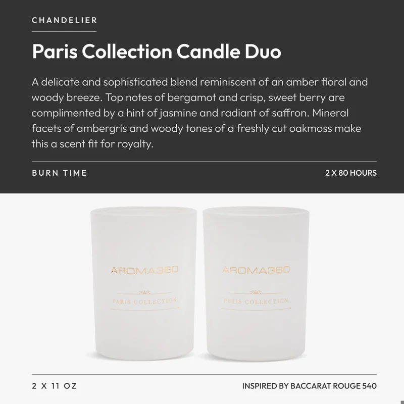 Aroma360  Chandelier - Paris Collection Candle Duo - Scented Candles with Essential Oils - Bergamot, Jasmine, Saffron & Sweet Berry - Soy Candles - 80hr Burn - Set of 2  | Best Price UAE