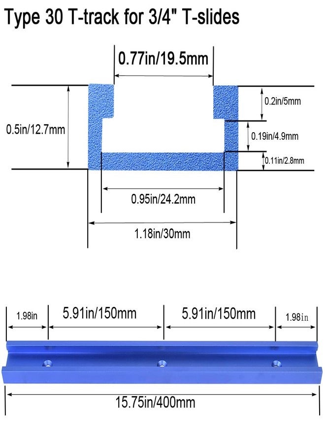 KETIPED 2pc Aluminum 400mm Double-Cut Profile Universal 3/4" T-Track with Predrilled Mounting Holes and Wood Screws,30 Type T Track for Woodworking Jigs and Fixtures,Drill Press Table,(15.75in)-BL - Image 2