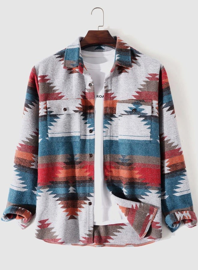 ZAFUL Tribal Geometric Print Blend Wool Jacket Gray XL - Image 2