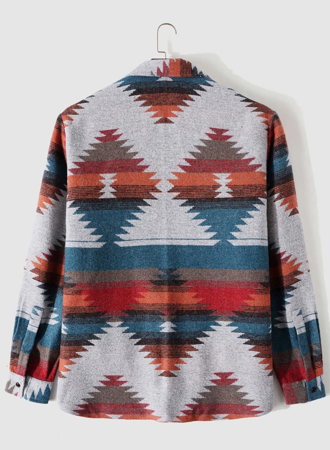 ZAFUL Tribal Geometric Print Blend Wool Jacket Gray XL - Image 4