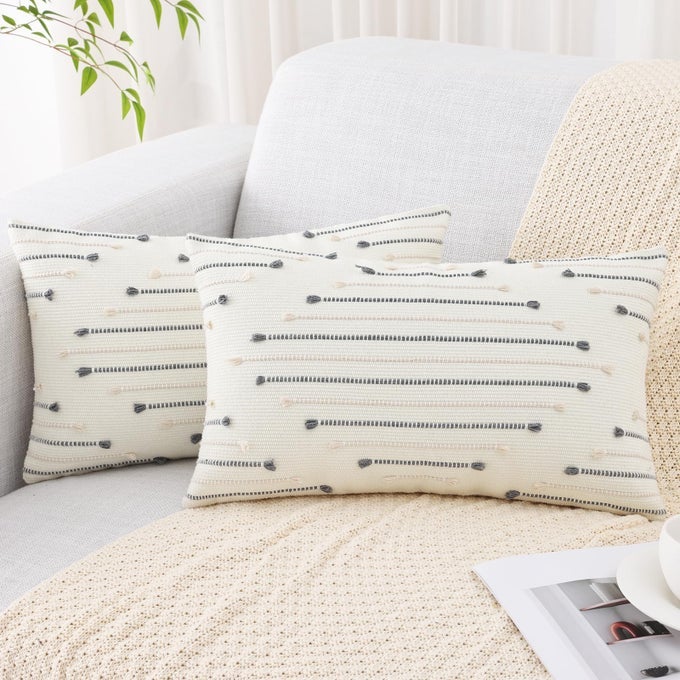 BOHO THROW PILLOW COVERS 12X20 SET OF 2 FARMHOUSE LUMBAR PILLOW COVERS FOR COUCH SOFA LIVING ROOM BEIGE GREY