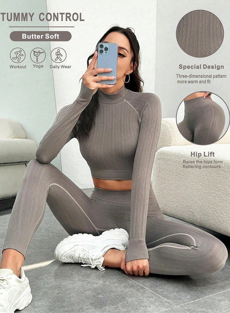 Meilun Grey Textured High - Neck Crop Top and Leggings Set - Image 1