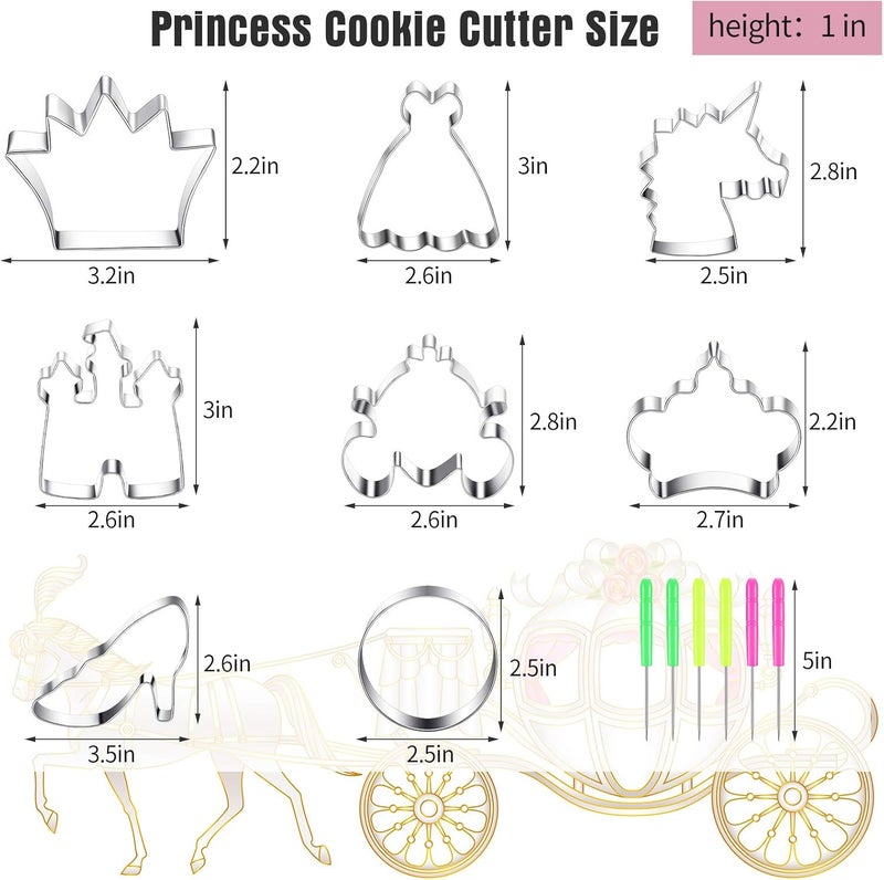 Geiserailie 8 Pieces Princess Cookie Cutter Set with Crown Dress Castles Unicorn Head Shapes Stainless Steel Fondant Biscuit Cutters and 6 Pieces Sugar Stirring Pins - Image 2