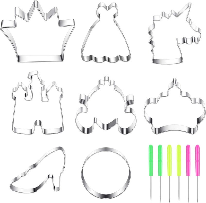 Geiserailie 8 Pieces Princess Cookie Cutter Set with Crown Dress Castles Unicorn Head Shapes Stainless Steel Fondant Biscuit Cutters and 6 Pieces Sugar Stirring Pins - Image 1