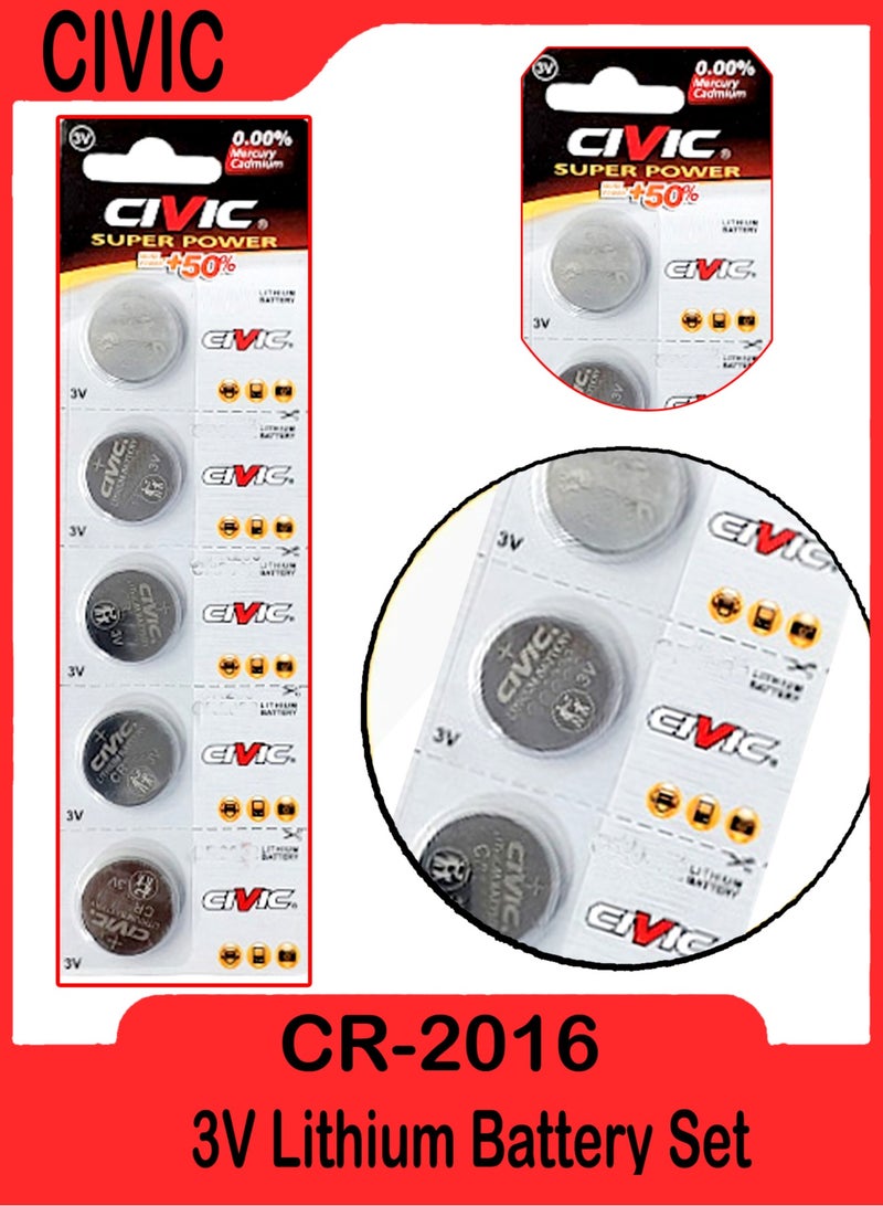 Civic Pack of 5 CR2016 3V Lithium Battery Set 