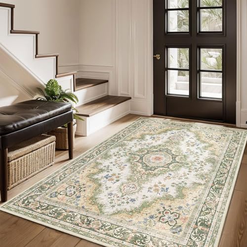Castage Green Rug 3'x5',Washable Area Rugs for Bedroom Living Room Kitchen Entryway Bedside,Small Boho Vintage Bohemian Distressed Oriental Non Slip Carpet,Sage Floral - Image 3