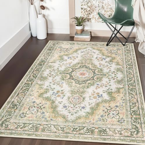 Castage Green Rug 3'x5',Washable Area Rugs for Bedroom Living Room Kitchen Entryway Bedside,Small Boho Vintage Bohemian Distressed Oriental Non Slip Carpet,Sage Floral - Image 2