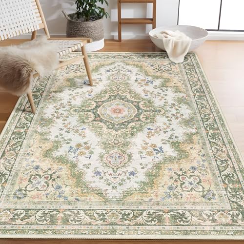 Castage Green Rug 3'x5',Washable Area Rugs for Bedroom Living Room Kitchen Entryway Bedside,Small Boho Vintage Bohemian Distressed Oriental Non Slip Carpet,Sage Floral - Image 1