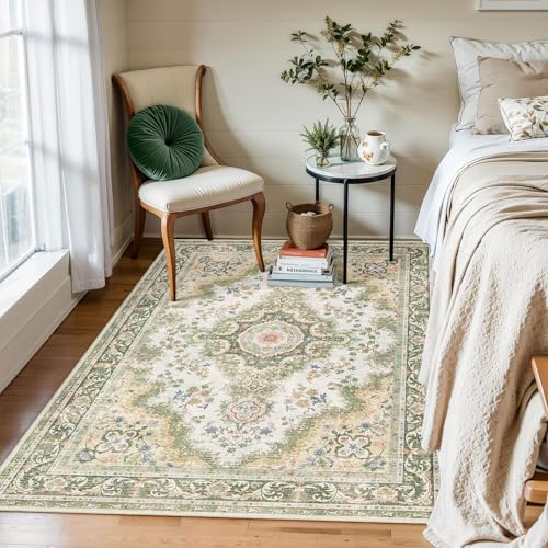 Castage Green Rug 3'x5',Washable Area Rugs for Bedroom Living Room Kitchen Entryway Bedside,Small Boho Vintage Bohemian Distressed Oriental Non Slip Carpet,Sage Floral - Image 4