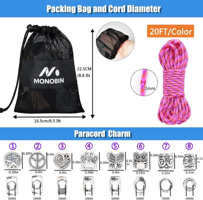 MONOBIN Micro Paracord，2mm 10Colors 20FT Paracord Combo Kit with Paracord Instructions and Charms ​for Making Paracord Bracelets, Lanyards, Jewelry Making - Image 5