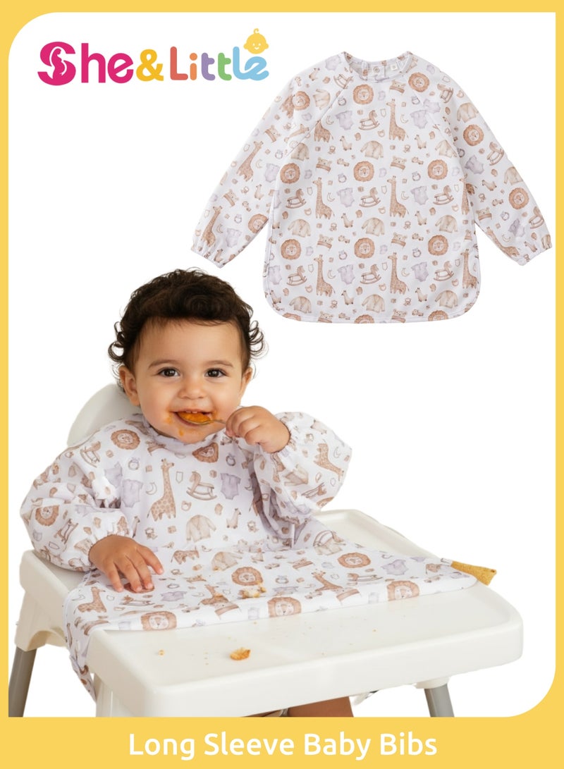 She&Little Waterproof Long Sleeve Baby Bib, Adjustable Feeding Smock Apron for Mess-Free Mealtime, Full Coverage Bib with Highchair & Table Attachment, Easy to Clean for 6–24 Months Toddlers (Little Lion) - Image 1