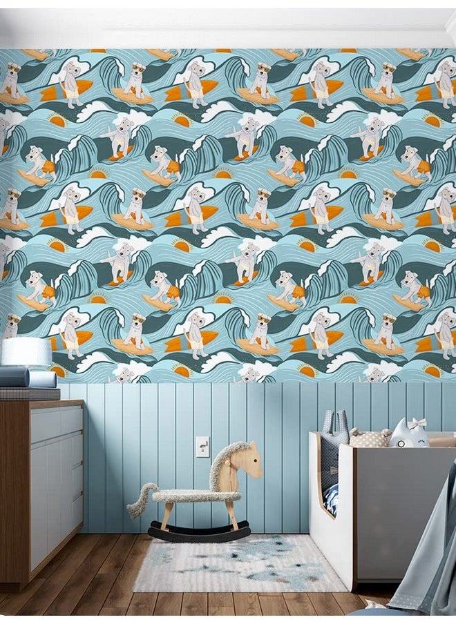 HAOKHOME 99055 Dog Wallpaper Stick And Peel Wave Removable Wall Paper Blue/Orange Vinyl Stick On Wall Mural Decor 17.7In X 9.8Ft  - Image 4