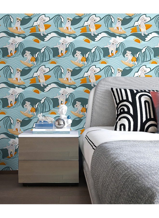HAOKHOME 99055 Dog Wallpaper Stick And Peel Wave Removable Wall Paper Blue/Orange Vinyl Stick On Wall Mural Decor 17.7In X 9.8Ft  - Image 2