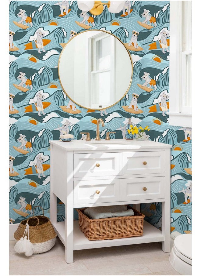 HAOKHOME 99055 Dog Wallpaper Stick And Peel Wave Removable Wall Paper Blue/Orange Vinyl Stick On Wall Mural Decor 17.7In X 9.8Ft  - Image 3