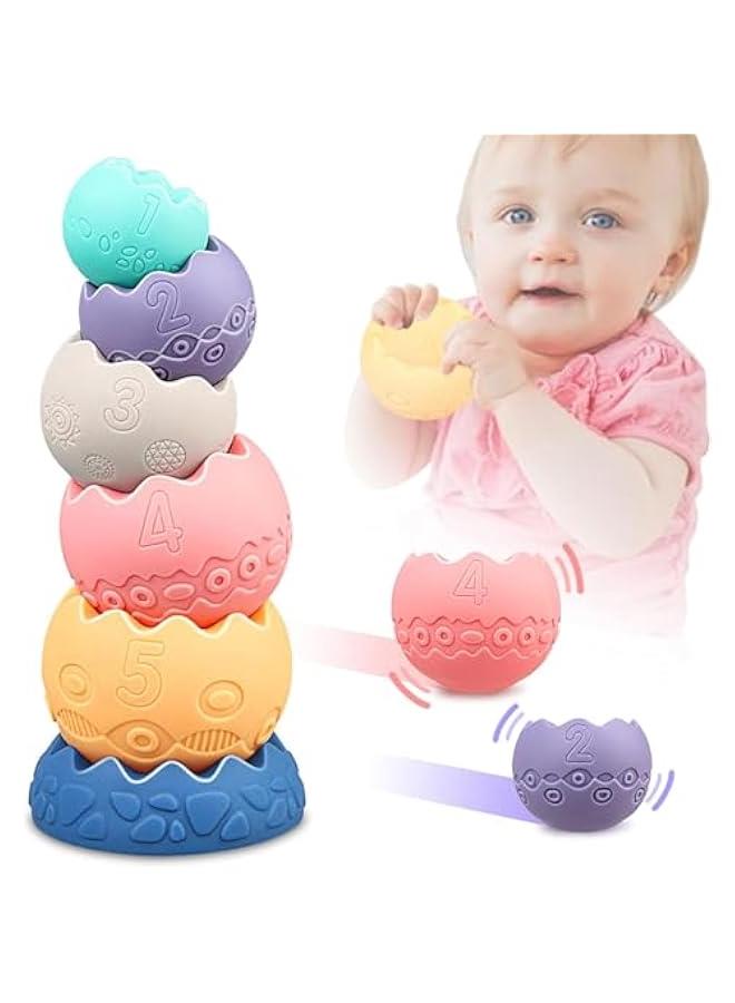 ألعاب أطفال من 6 إلي 12 شهر، ألعاب مونتيسوري للأطفال من عمر 6-12 شهر، تتضمن مكعبات بناء قابلة للتكديس وألعاب تسنين ناعمة وكرات حسية للأطفال الصغار (بيضاوية (6 قطع)، سيليكون - Image 5