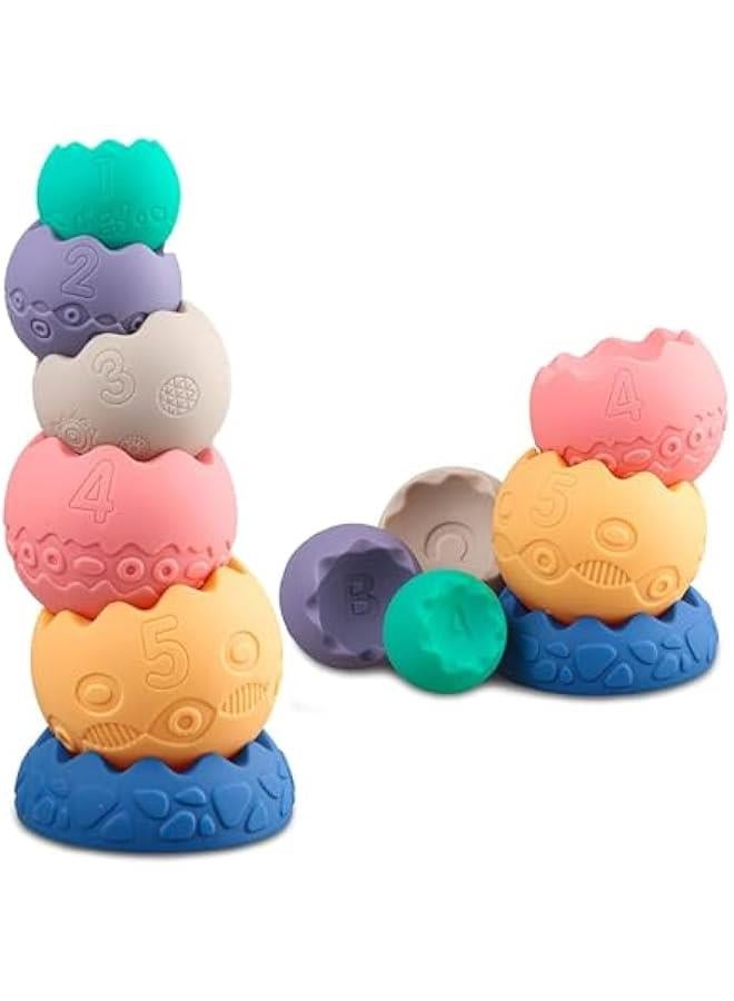 ألعاب أطفال من 6 إلي 12 شهر، ألعاب مونتيسوري للأطفال من عمر 6-12 شهر، تتضمن مكعبات بناء قابلة للتكديس وألعاب تسنين ناعمة وكرات حسية للأطفال الصغار (بيضاوية (6 قطع)، سيليكون - Image 1