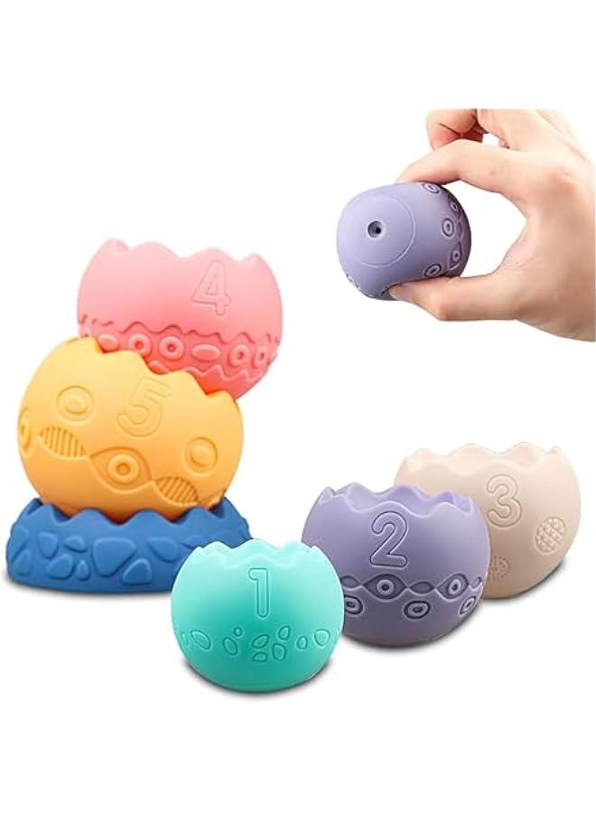 ألعاب أطفال من 6 إلي 12 شهر، ألعاب مونتيسوري للأطفال من عمر 6-12 شهر، تتضمن مكعبات بناء قابلة للتكديس وألعاب تسنين ناعمة وكرات حسية للأطفال الصغار (بيضاوية (6 قطع)، سيليكون - Image 2