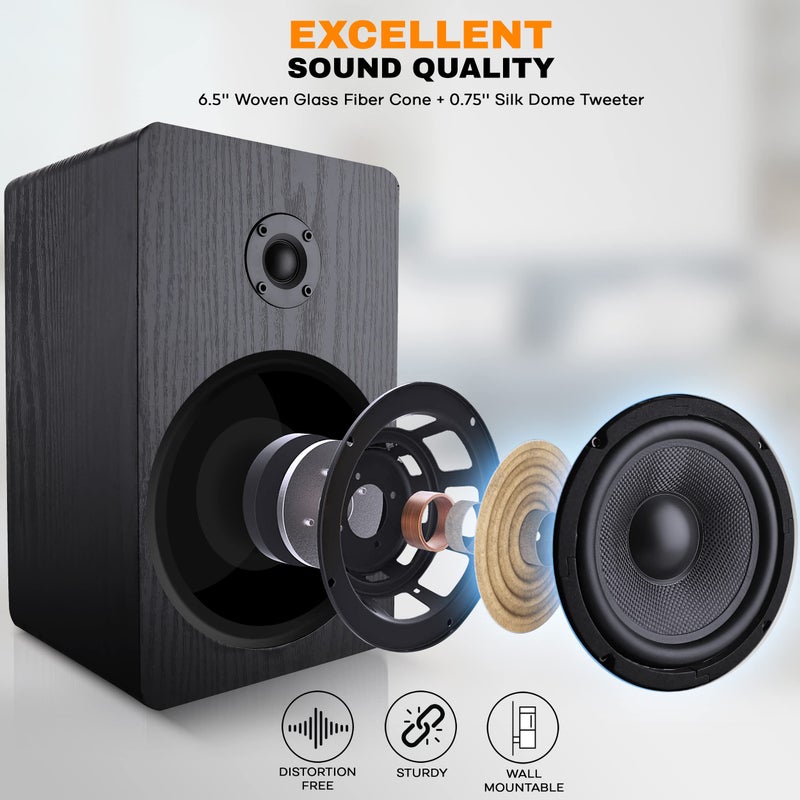 PyleUsa Wood Bookshelf Speaker - 200W Peak - 6.5 in Woofer - .75mm Dome Tweeter - Wall-Mountable Passive Home Theater Satellite - Audiophile Components - Superior Sound - PSMSP6 - Black, Pair - Image 2
