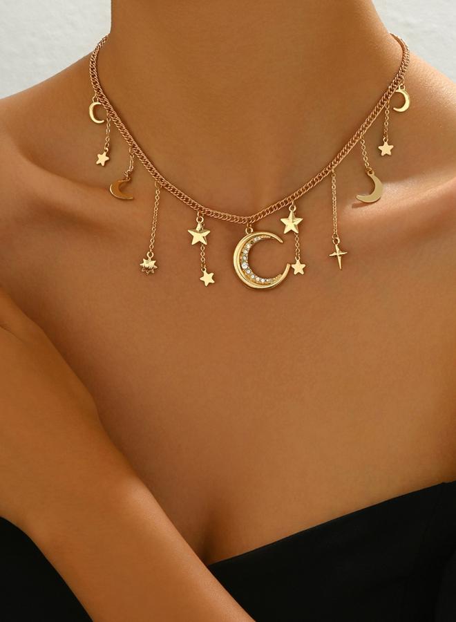 Take Two Rhinestone Moon Star Decor Pendant Necklace - Image 1