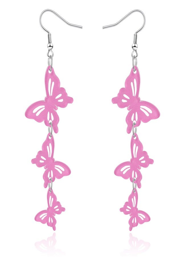 Mintolex Butterfly Dangle Earrings for Women Triple Acrylic Butterfly Drop Earrings with Stainless Steel Hooks Cute Spring Insect Jewelry, Pink - Image 1