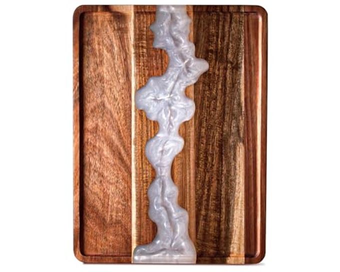 Comfify Visually Stunning Pearl White Resin + Acacia Wood Serving Tray - Modern 12x16 Serving Tray for Food, Breakfast in Bed, Coffee Table, Decor, Organization, Snacks, Patio, Lap Tray