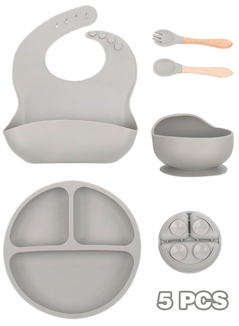 5-Pieces Silicone Baby Feeding Set, Baby Led Weaning Supplies with Suction Bowl and Divided Plate, Wooden Spoon and Fork, Toddler Tableware Set with Adjustable Soft Silicone Bib