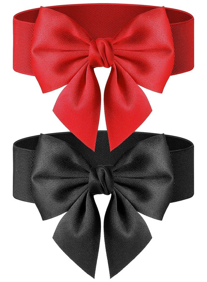 Skicuff حزام Skicuff قطعتين نسائي عتيق مزين بفيونكة مع مطاط للفساتين، حزام مطاطي قابل للتمدد، إكسسوارات فساتين للحفلات (أسود، أحمر) - Image 1